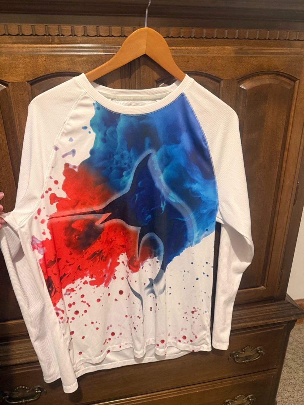 Guy Harvey White Long Sleeve Shirt with Red and Blue Manta Ray Graphic